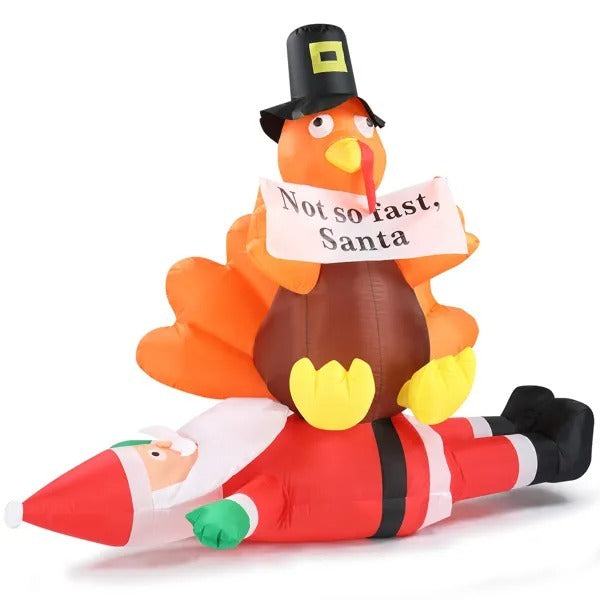 4.9 FT Lighted Christmas Inflatable Decoration, Inflatable Turkey Sitting On Santa Claus, Funny Blow Up Yard Decorations With Built-in LED Lights For Holiday Party Front Yard Lawn Garden Decor