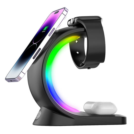 WearWheres 4 In 1 Magnetic Wireless Charger Fast Charging For Smart Phone Atmosphere Light Charging Station For Airpods Pro I-phone Watch