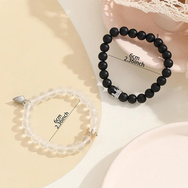 Fashion Jewelry 2pcs Handmade Crown Beaded Charms Bracelet Luminous Heart Glow In The Dark Couple Bracelet For Lover Men Women Fluorescent Gift
