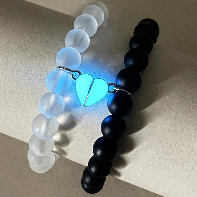 Fashion Jewelry 2pcs Handmade Crown Beaded Charms Bracelet Luminous Heart Glow In The Dark Couple Bracelet For Lover Men Women Fluorescent Gift