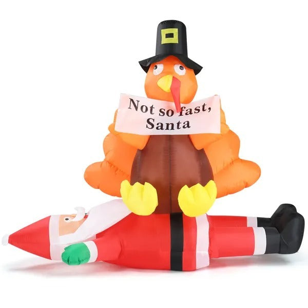 4.9 FT Lighted Christmas Inflatable Decoration, Inflatable Turkey Sitting On Santa Claus, Funny Blow Up Yard Decorations With Built-in LED Lights For Holiday Party Front Yard Lawn Garden Decor