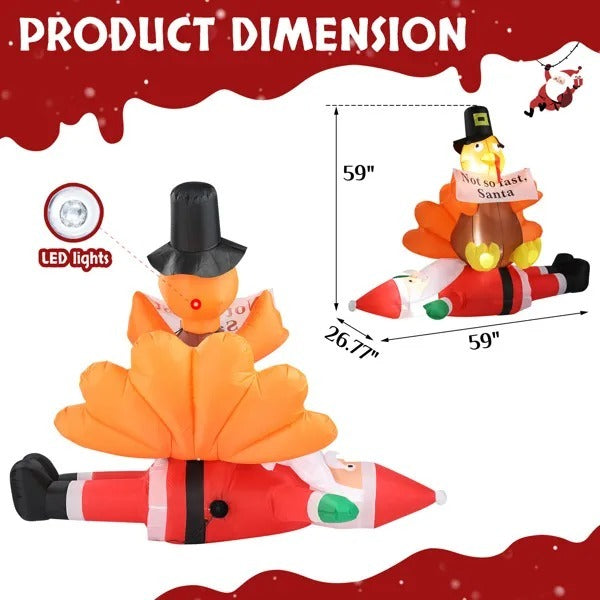 4.9 FT Lighted Christmas Inflatable Decoration, Inflatable Turkey Sitting On Santa Claus, Funny Blow Up Yard Decorations With Built-in LED Lights For Holiday Party Front Yard Lawn Garden Decor