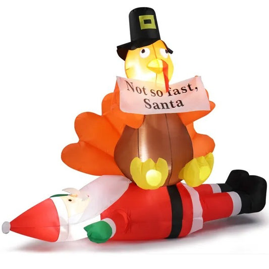 4.9 FT Lighted Christmas Inflatable Decoration, Inflatable Turkey Sitting On Santa Claus, Funny Blow Up Yard Decorations With Built-in LED Lights For Holiday Party Front Yard Lawn Garden Decor